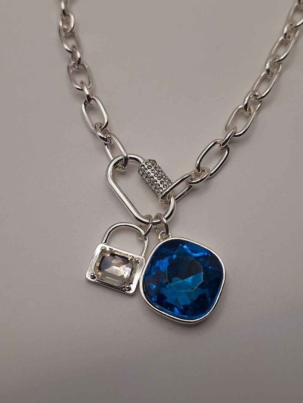 Blue Crystal Silver Tone Lock Charm Necklace